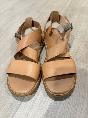 Born Cognac Leather Crisscross Strap Sandals with Buckle